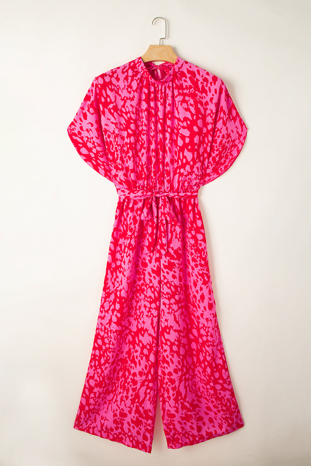 Rose Leopard Print Tulip Sleeve Belted Wide Leg Jumpsuit