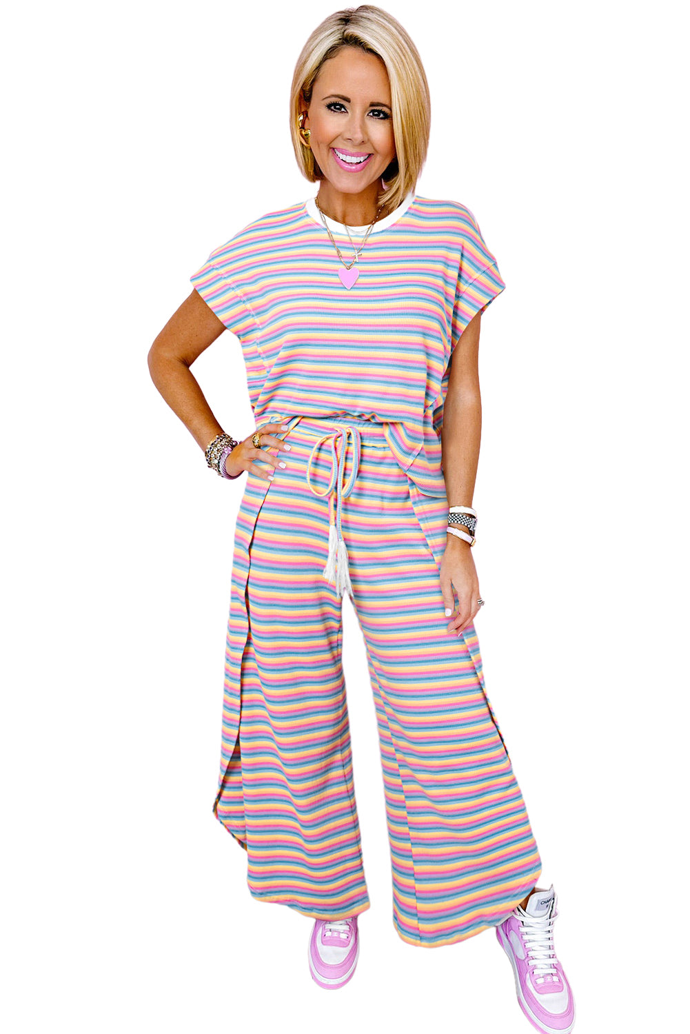 Black Stripe Rainbow Tee and Tassel Drawstring Wide Leg Pants Set