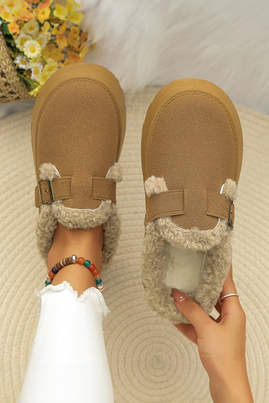 Brown Plush Patched Buckle Decor Thick Sole Thermal Slippers