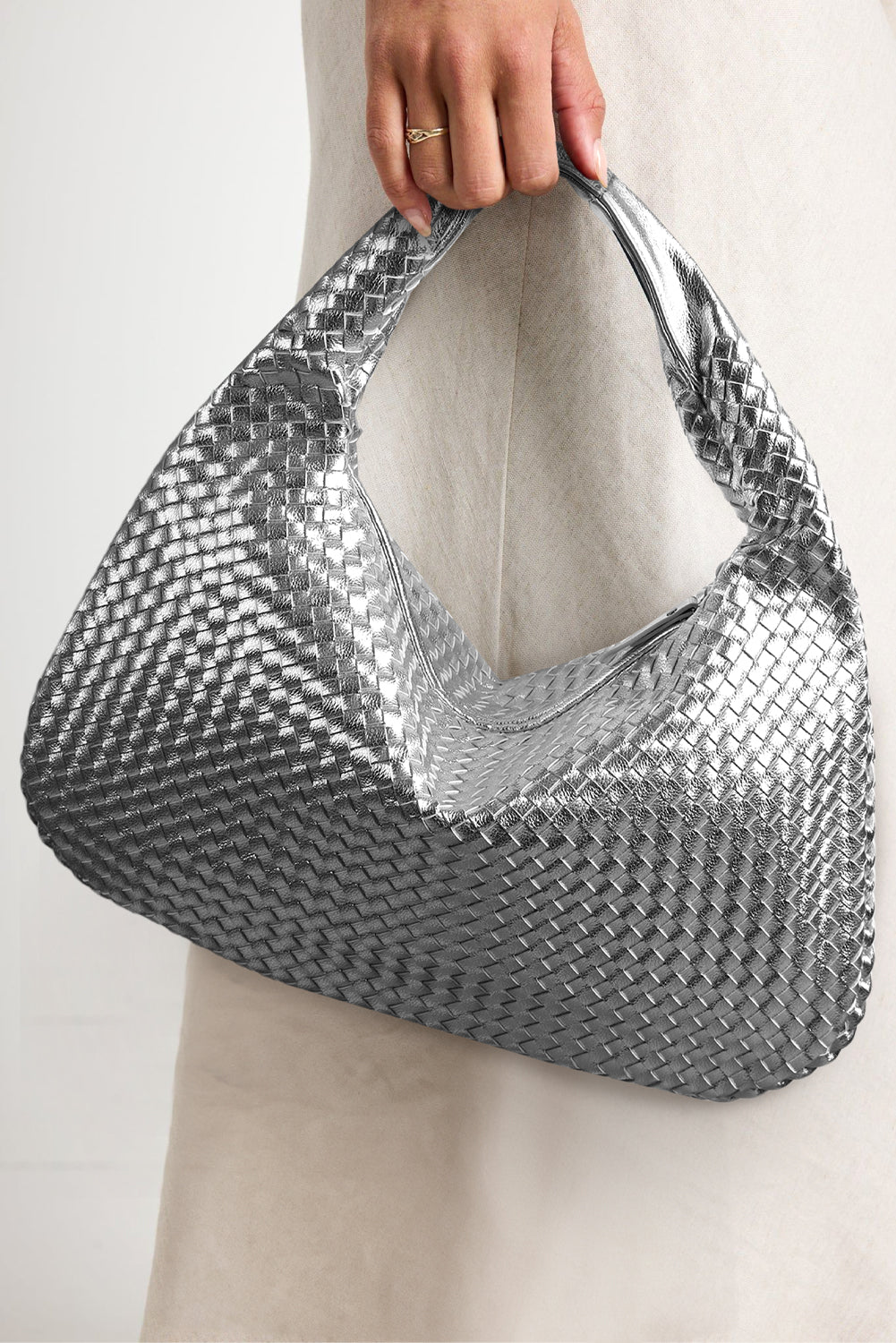 Silvery PU Woven Single Shoulder Bag