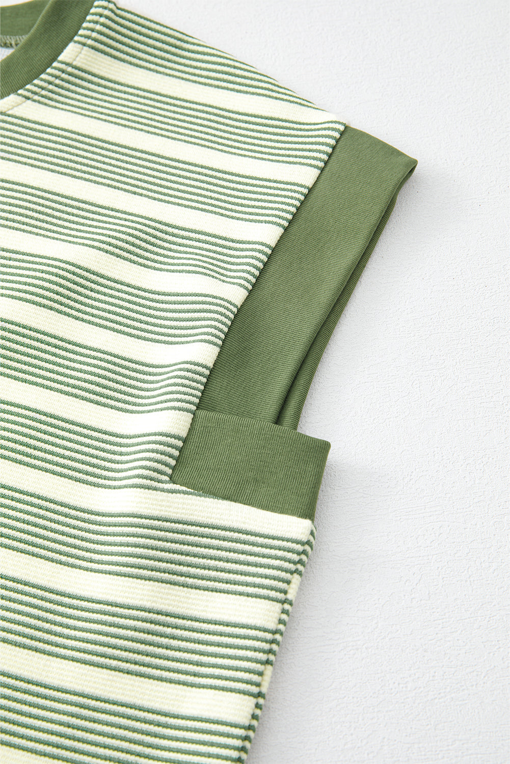 Green Striped Casual Contrast Trim Tee