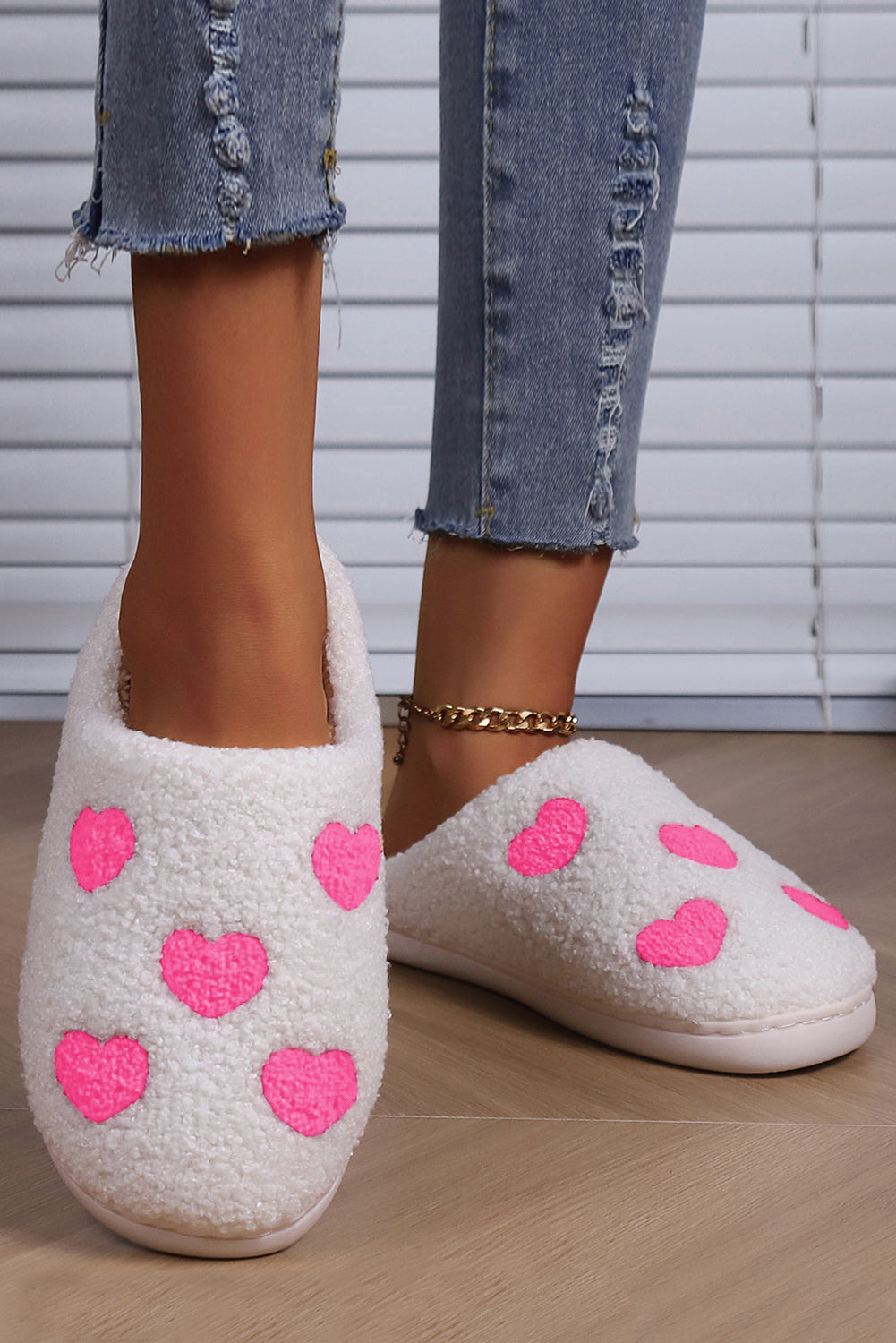 White Valentines Day Hearts Print Plush Slippers