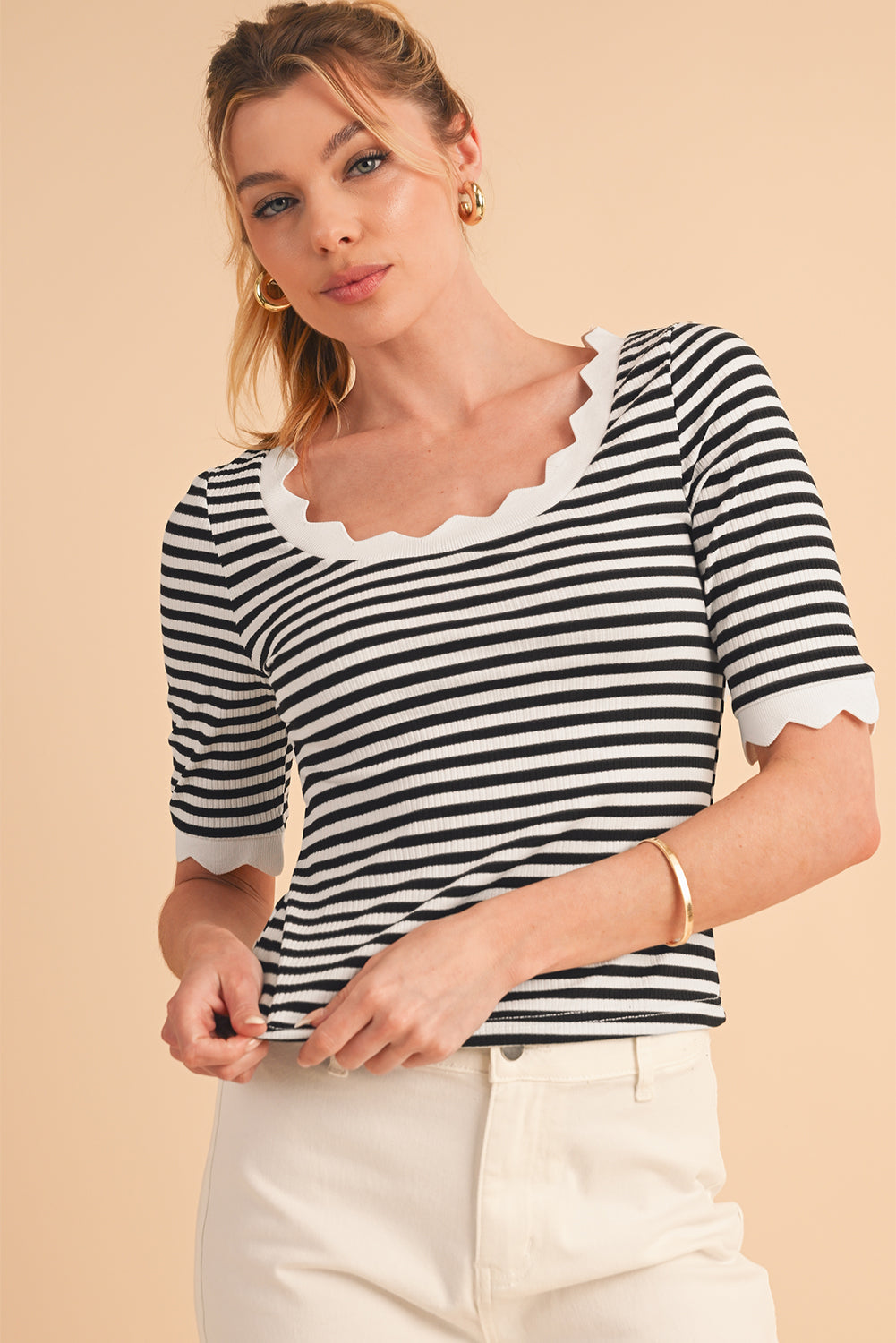 Black Striped Contrast Scallop Trim Half Sleeve T-shirt