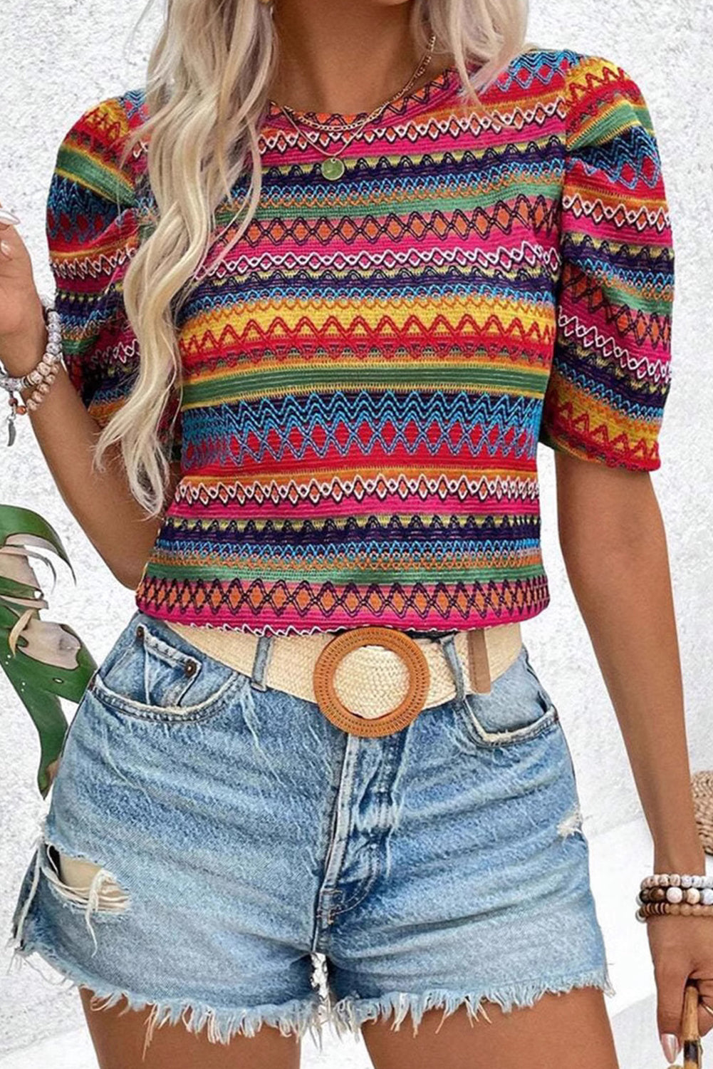 Multicolour Boho Geometric Print Puff Sleeve Knitted Top