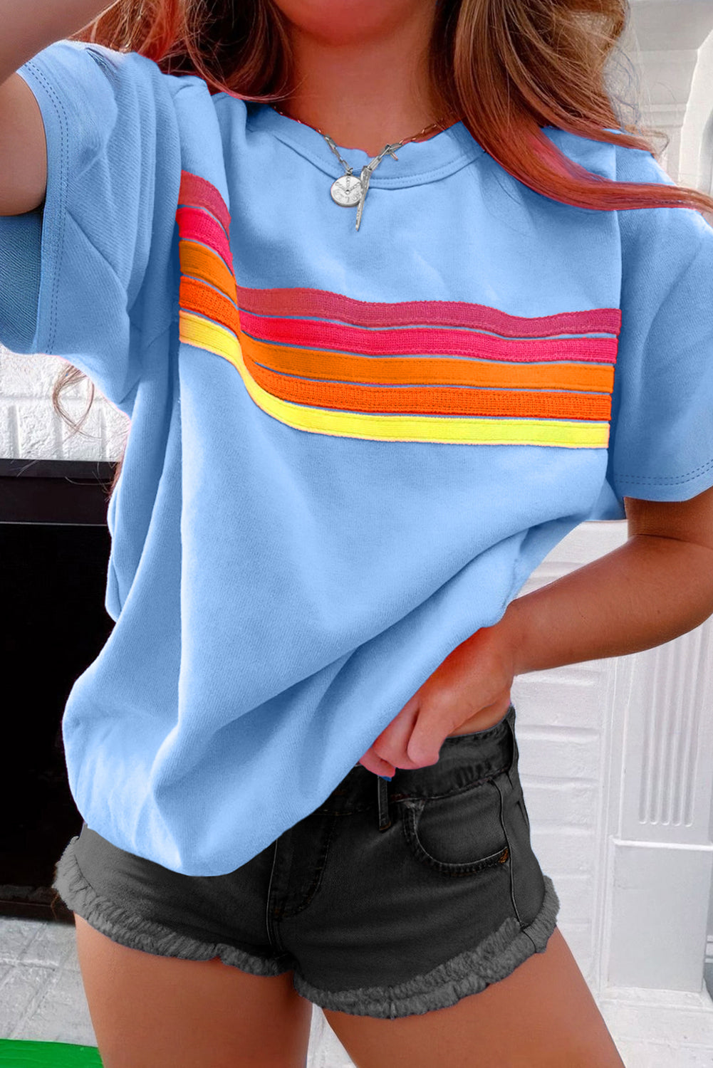 Beau Blue Colorful Striped Casual Tee