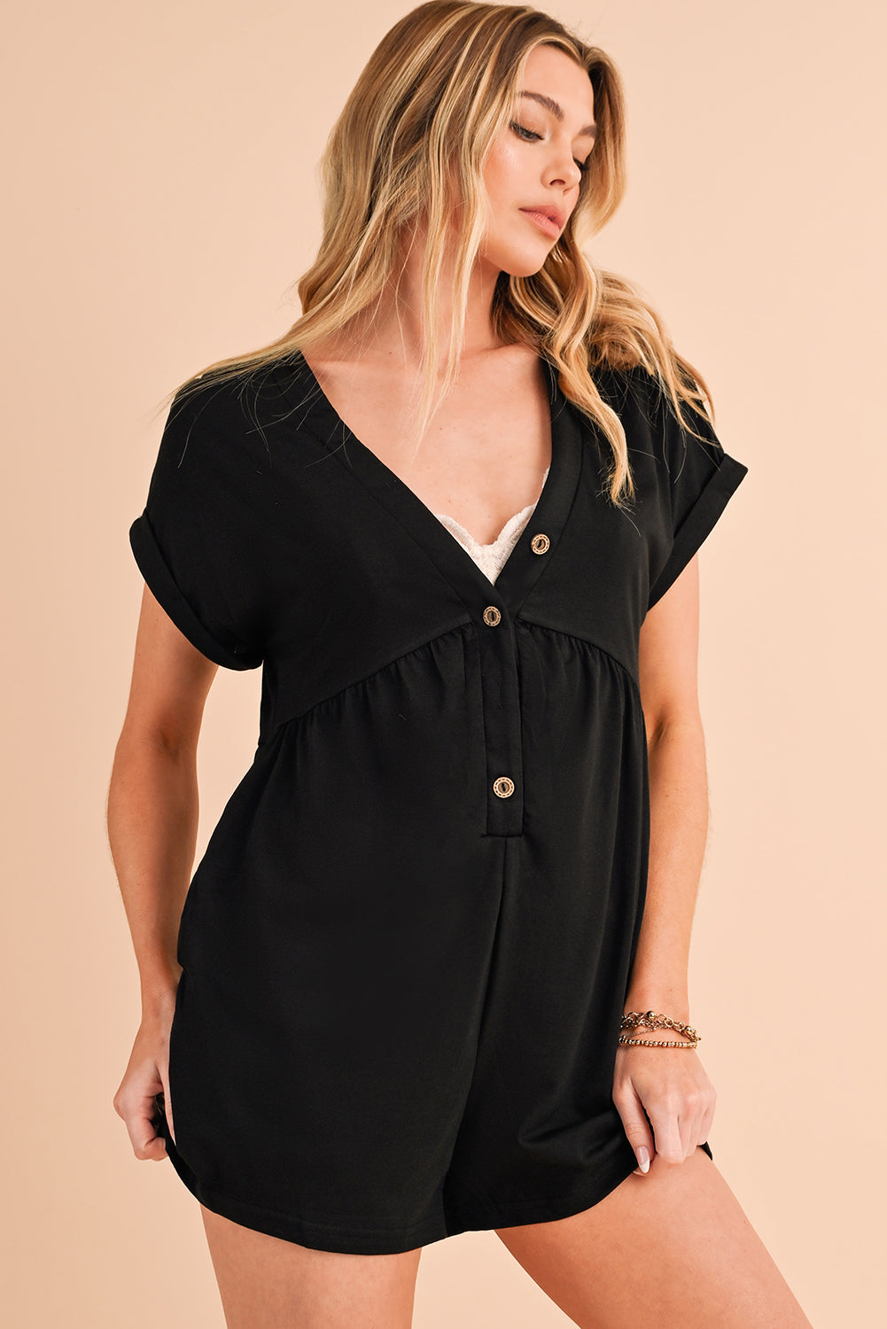 Black V Neck Buttons Loose Cuffed Short Sleeve Romper