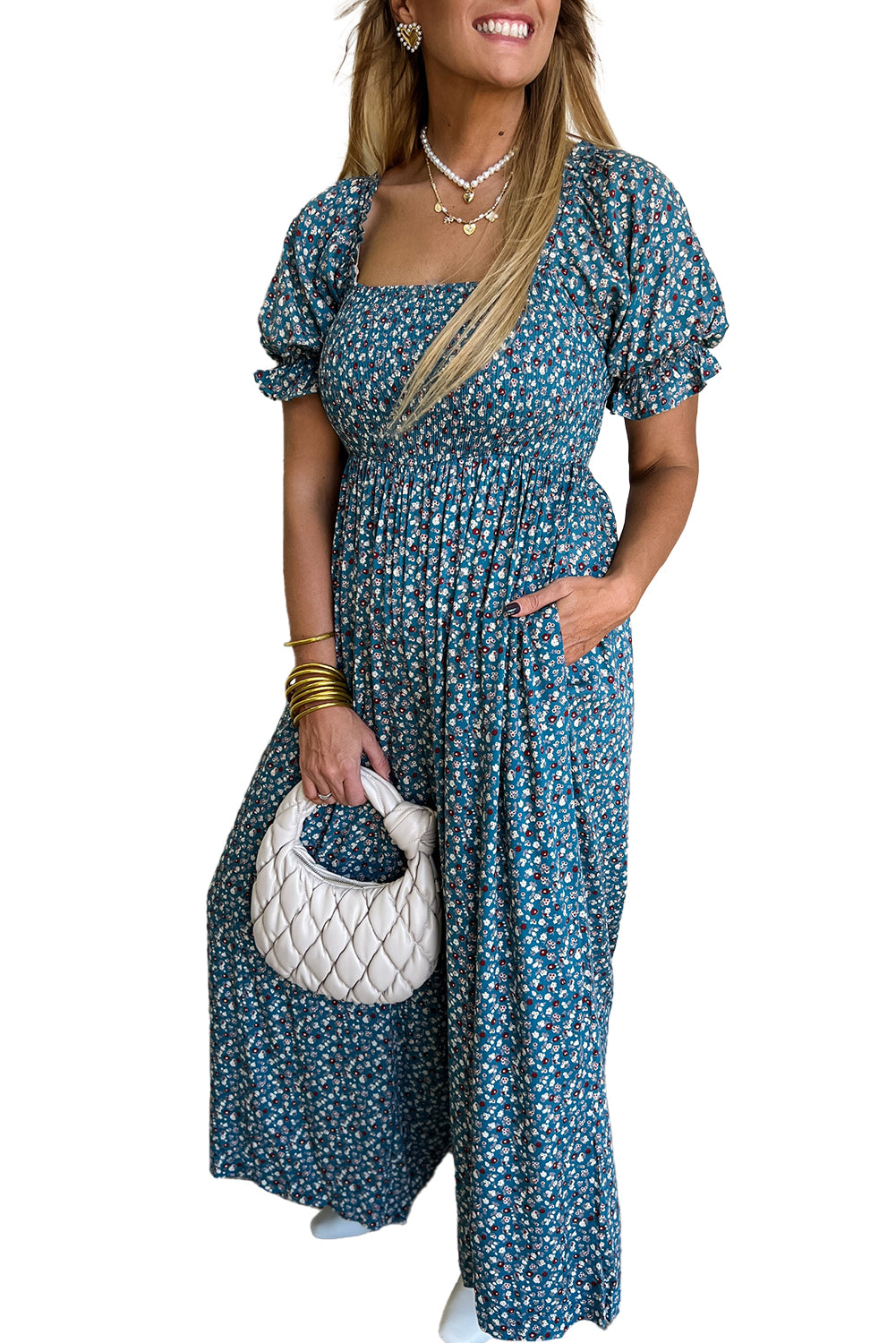 Blue Vintage Boho Floral Smocked Short Puff Sleeve Wide Leg Jumpsuit