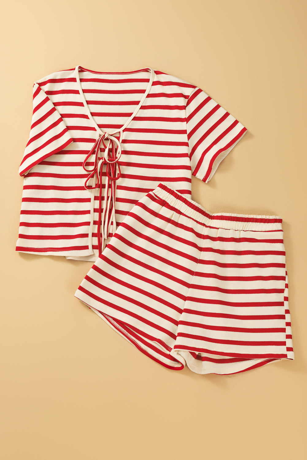 Red Stripe Lace-up Front Top and High Waist Shorts Set