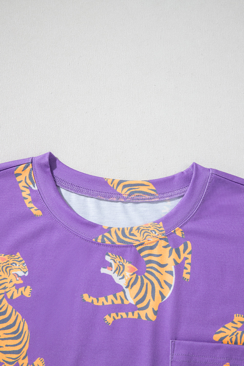 Purple Allover Tiger Print Patch Pocket Loose T Shirt