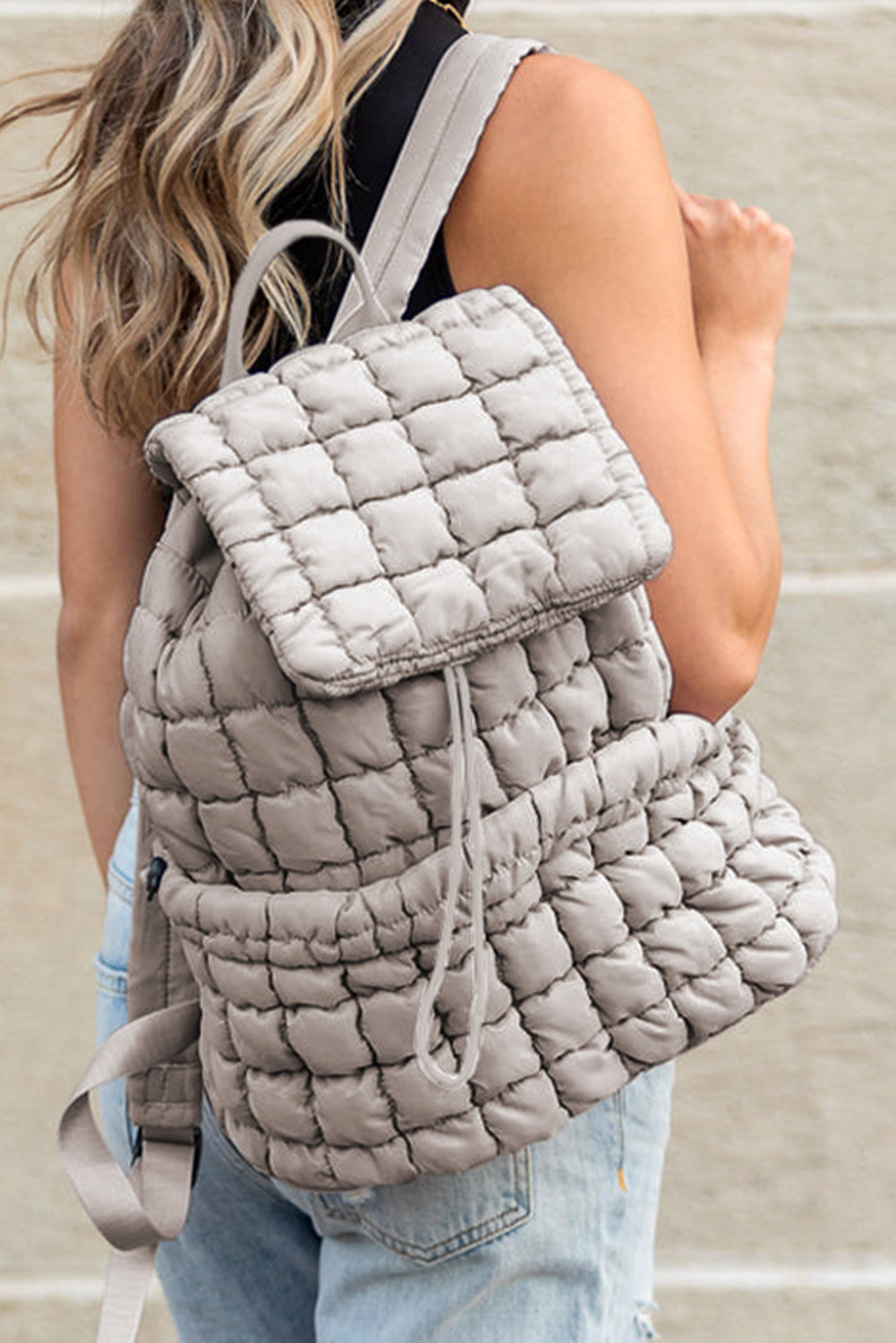 Coffee Solid Flapped Quilted Puffer Backpack