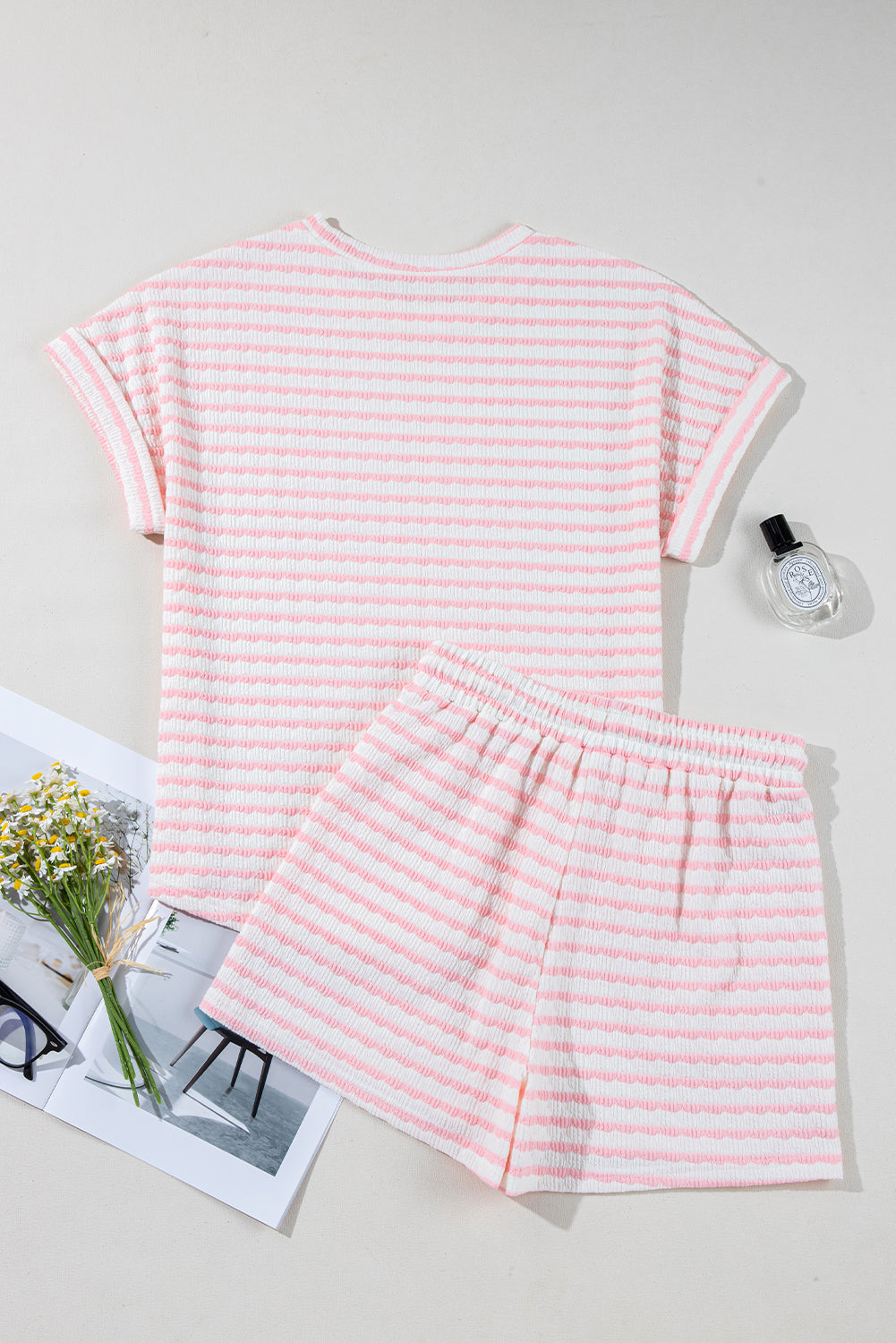 Pink Striped Print Short Sleeve Top and Pocket Shorts Set