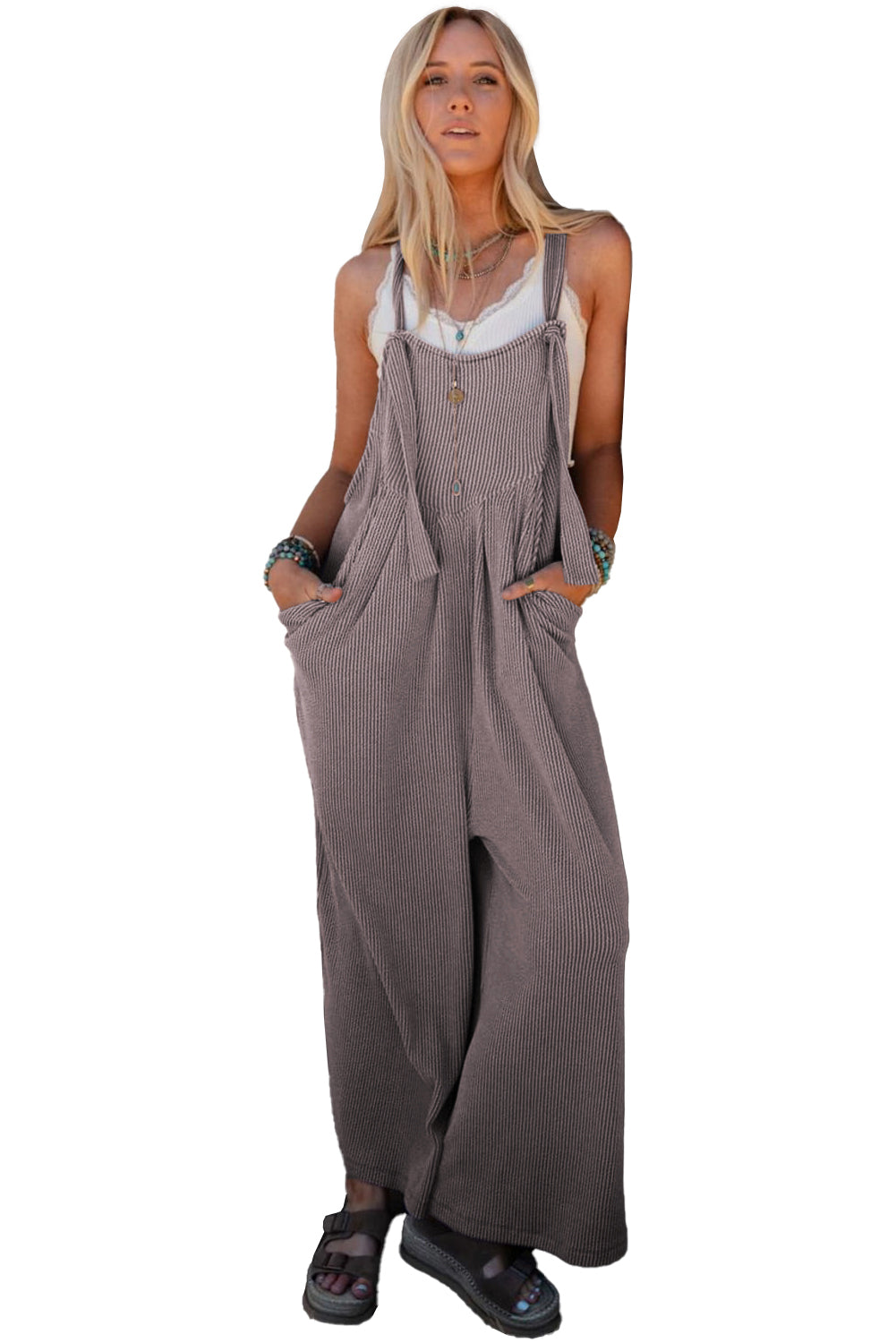 Philippine Gray Corded Solid Adjustable Straps Wide Leg Loose Jumpsuit