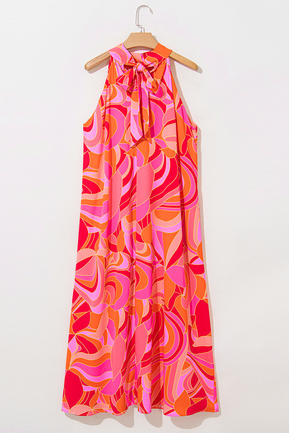 Rose Floral Printed High Neck Knotted Sleeveless Maxi Dress