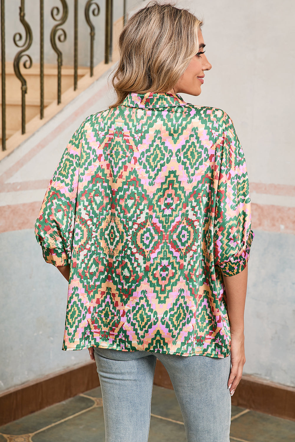 Dark Green Geometric Print Button Up Shirt