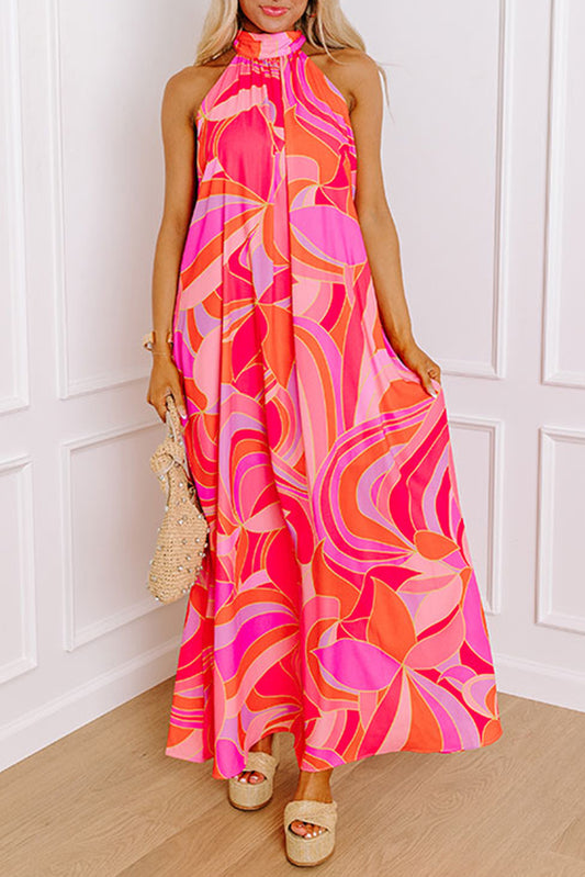 Rose Floral Printed High Neck Knotted Sleeveless Maxi Dress