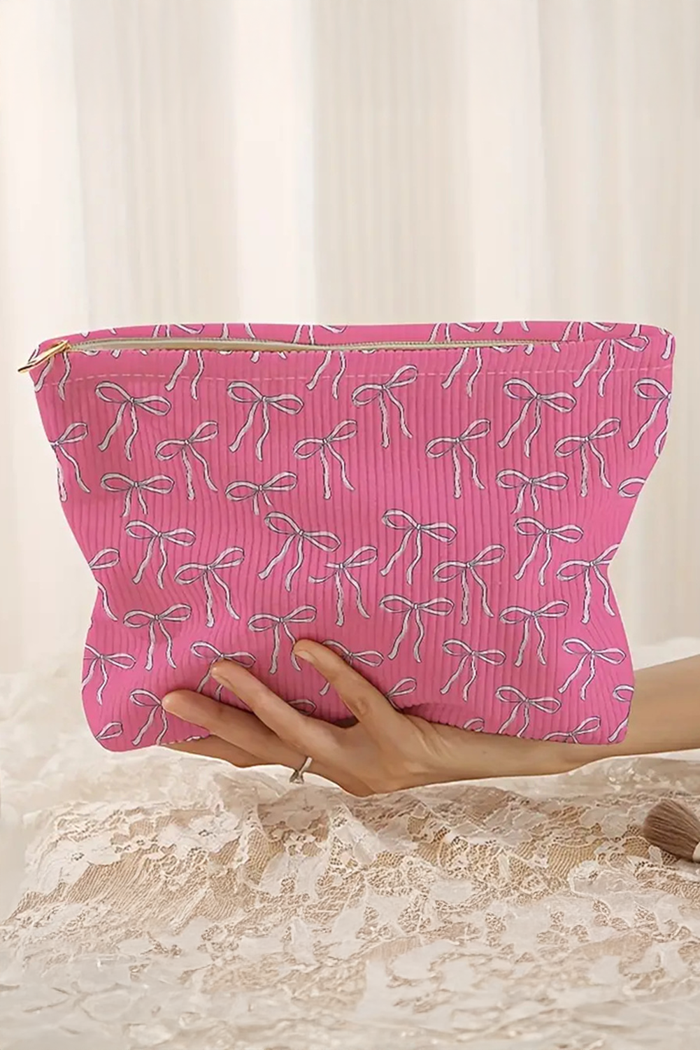 Bright Pink Valentines Bow Print Ribbed Makeup Bag