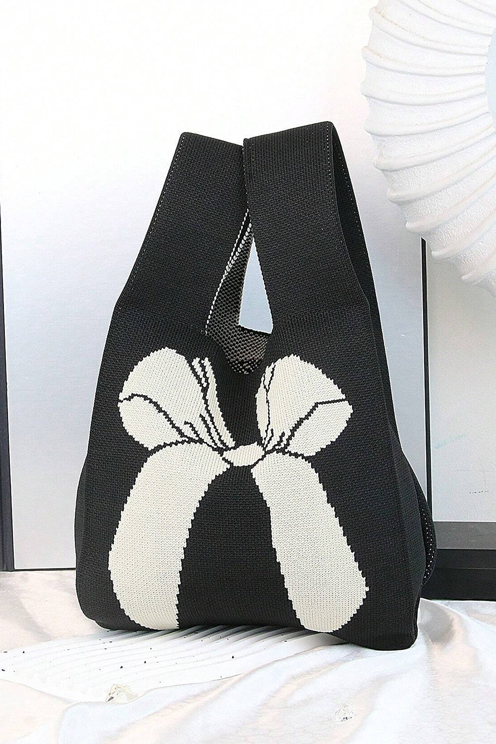 Black Colorblock Bowknot Pattern Knitted Tote Bag