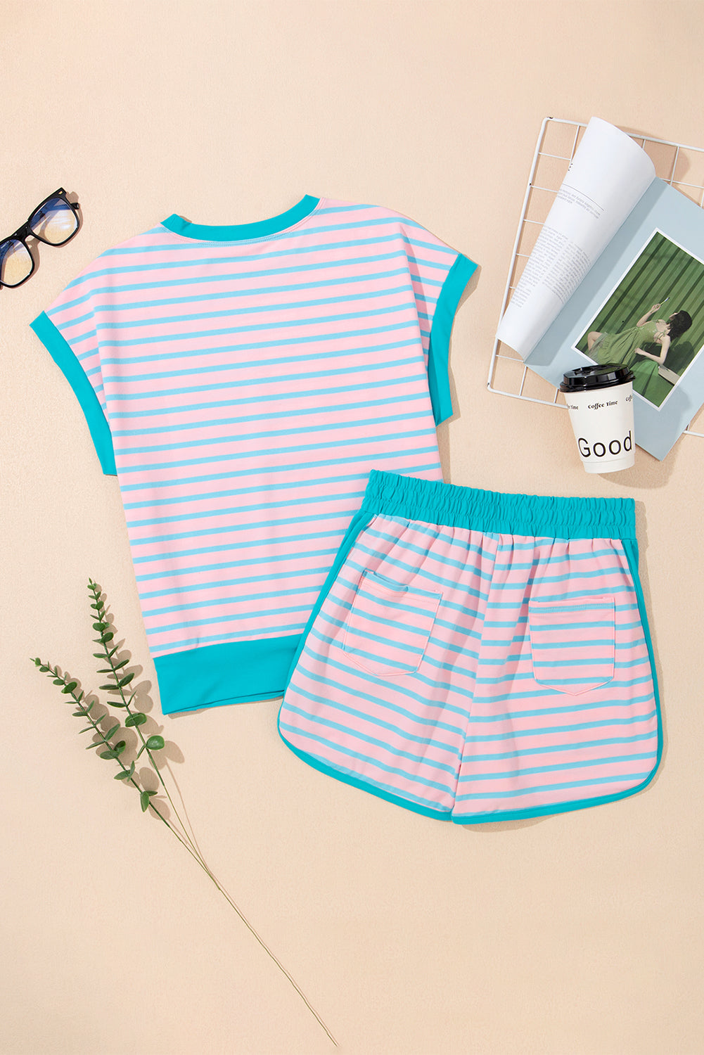 Pink Stripe Colorblock Cap Sleeve Tee & Shorts Set