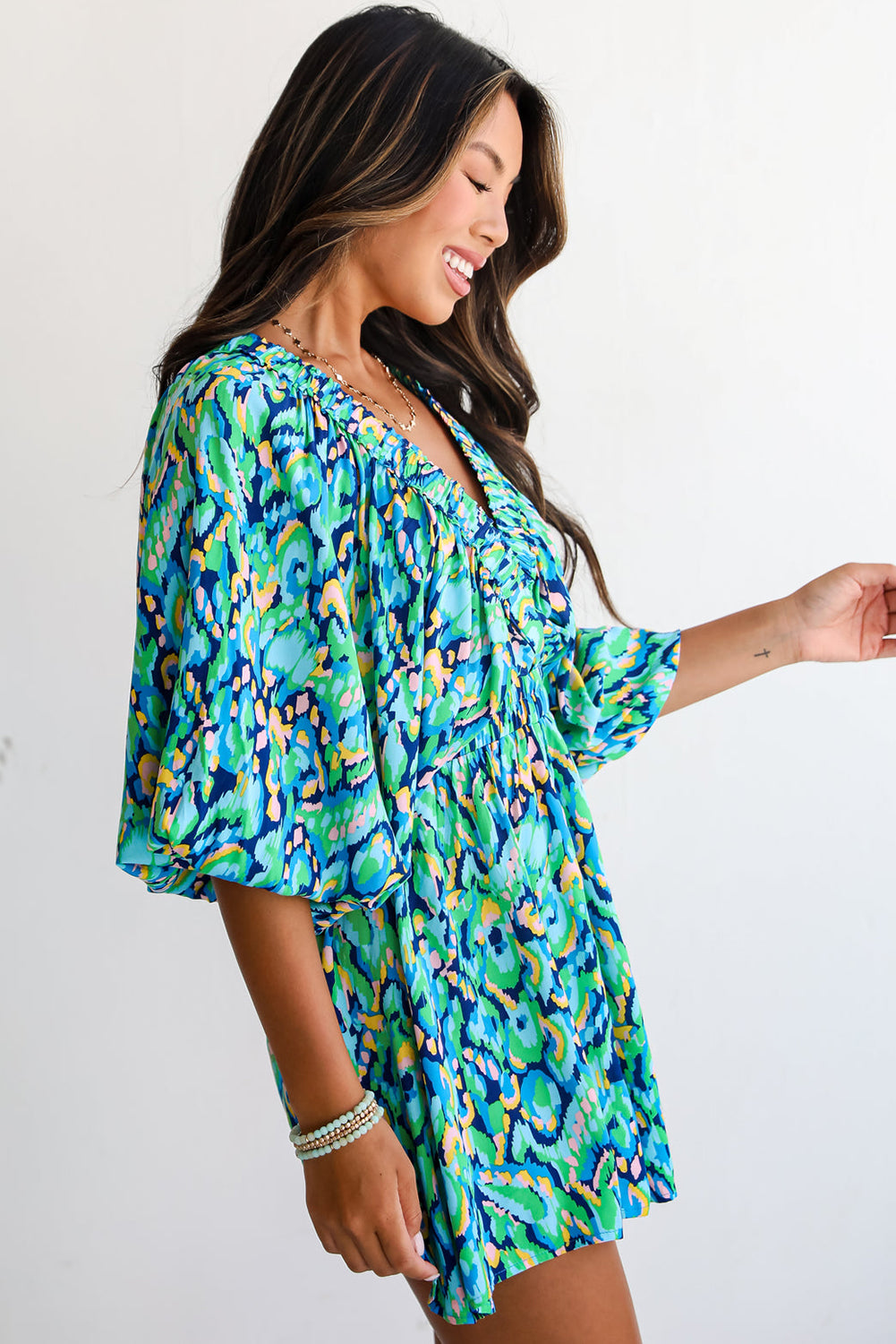 Pink Abstract Print Dolman Sleeve V Neck High Waist Romper