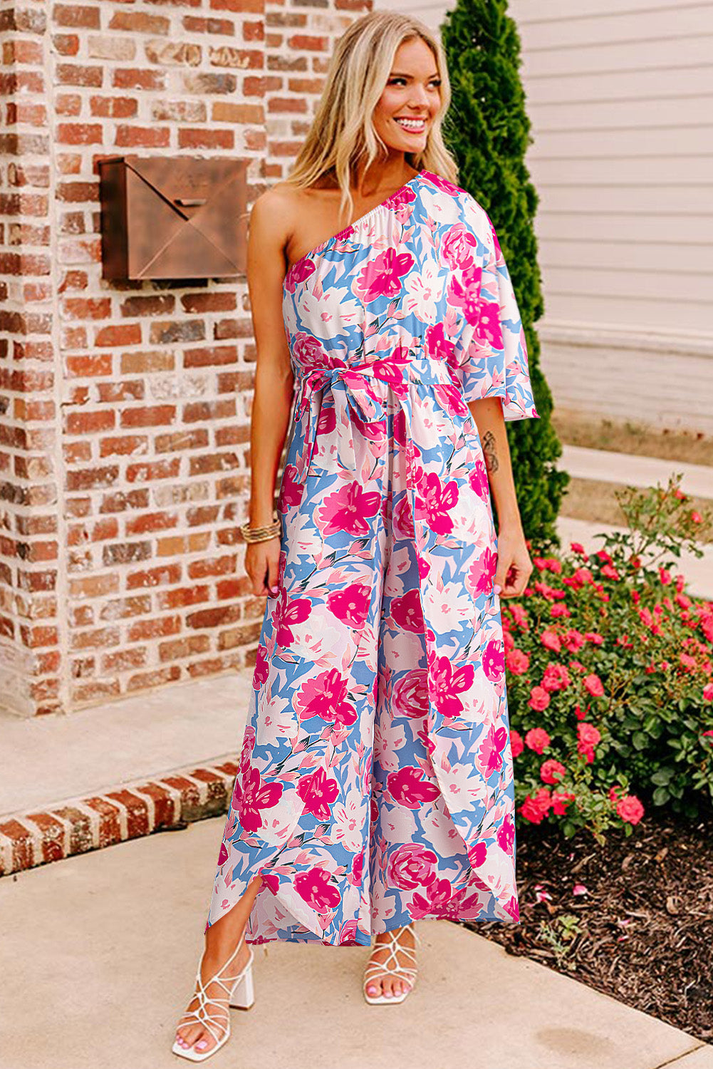 Pink Floral Print Asymmetrical Neckline Single Shoulder Half Sleeve Belted Jumpsuit