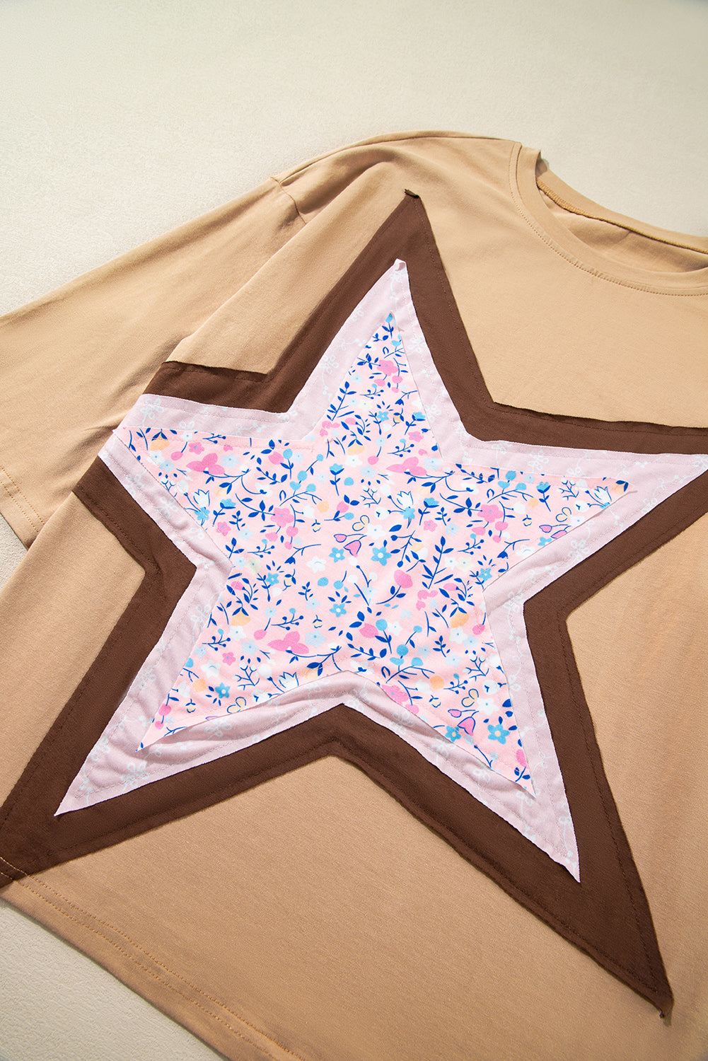 Camel Ditsy Floral Star Patched 3/4 Sleeve T Shirt