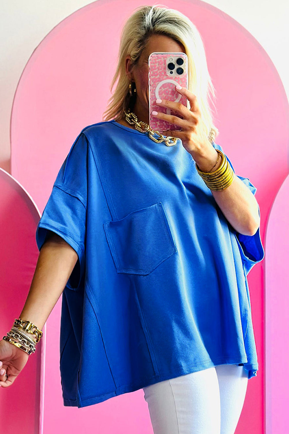 Bright Pink Patched Pocket Exposed Seam Oversized T Shirt