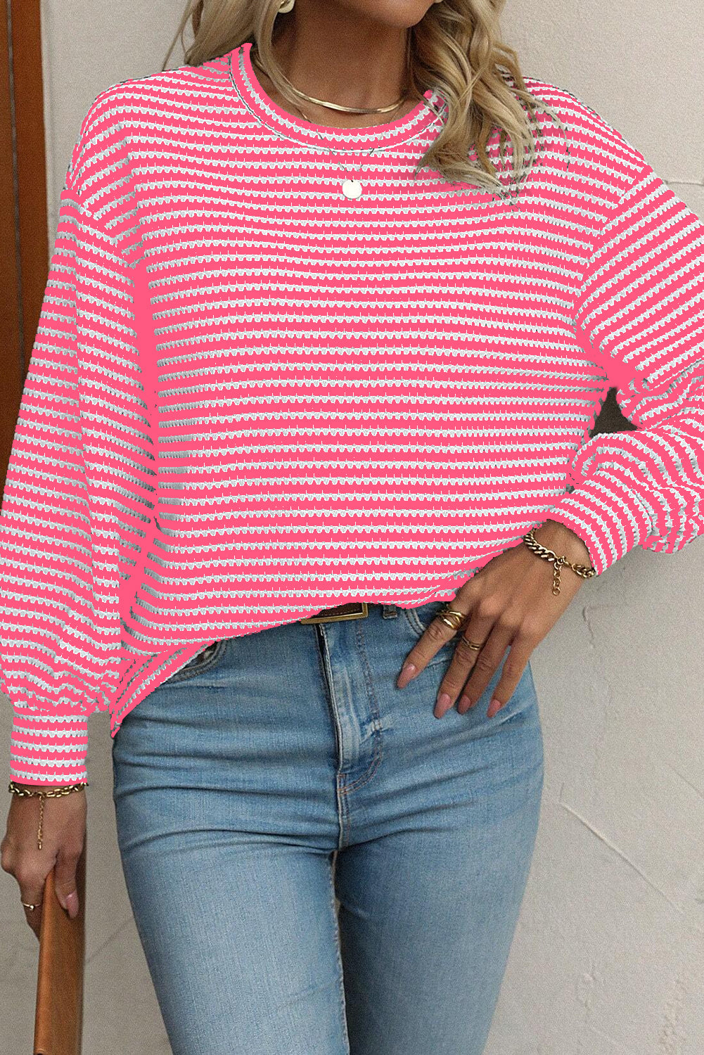 Black Striped Round Neck Drop Shoulder Long Sleeve Top