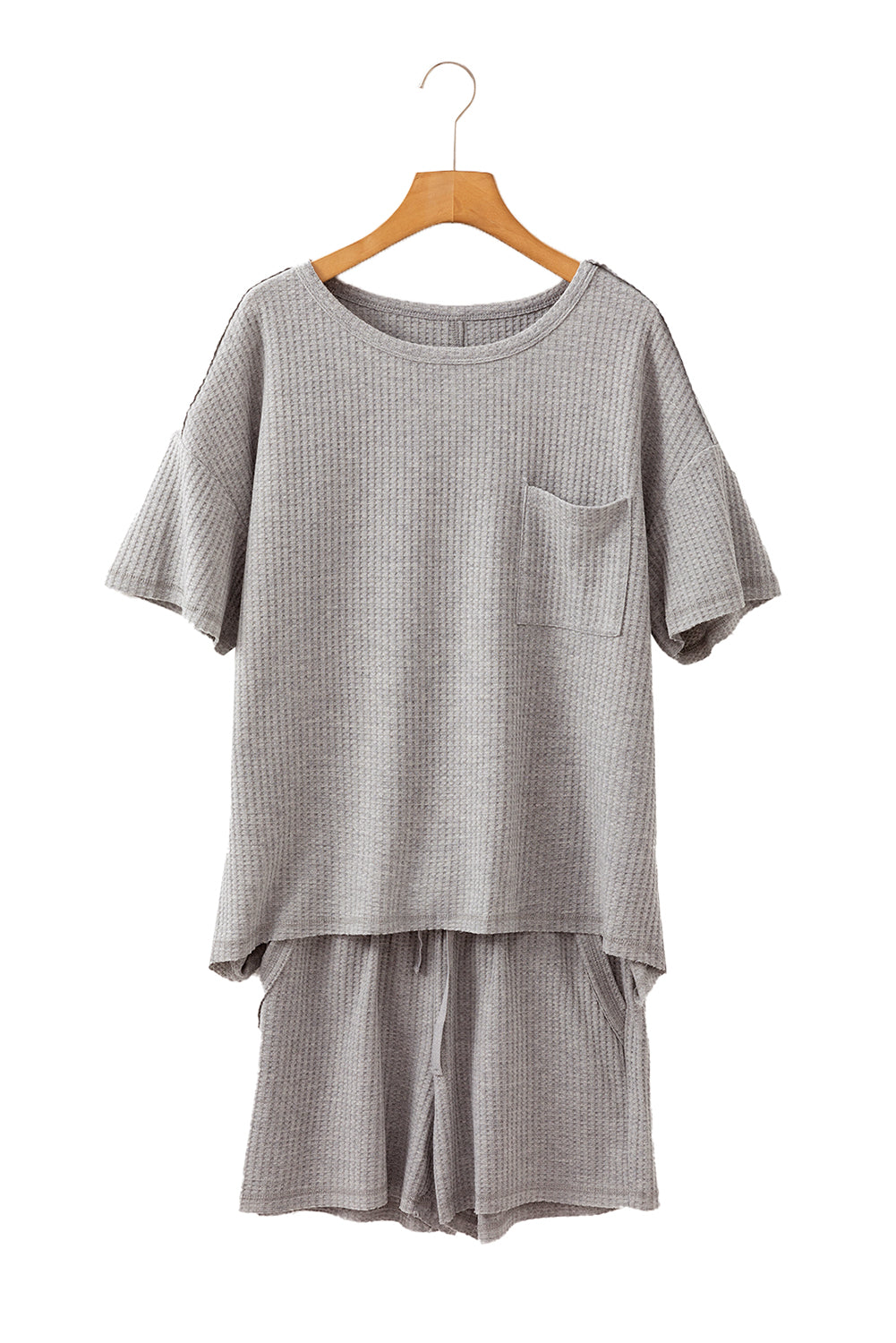 Gray Solid Color Waffle Knit T Shirt and Shorts Set