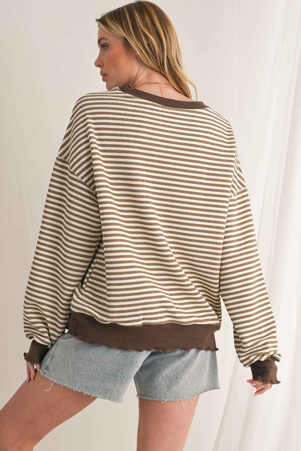 Pink Stripe Drop Shoulder Long Sleeve Top