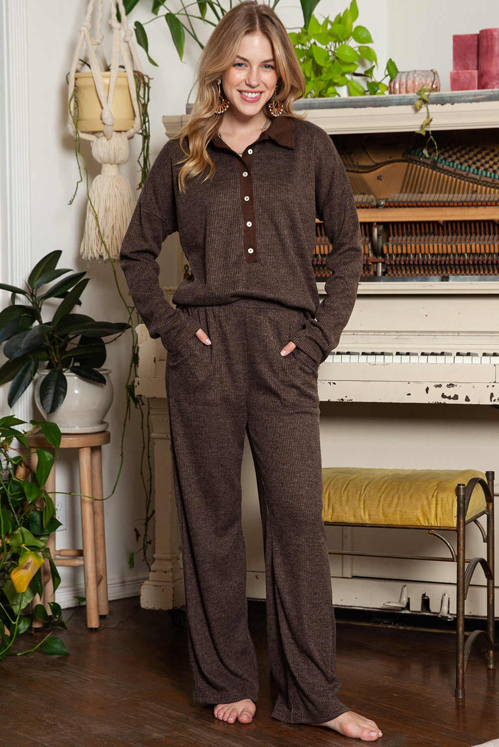 Brown Ribbed Henley Shirt and Wide Leg Pants Loungewear Set