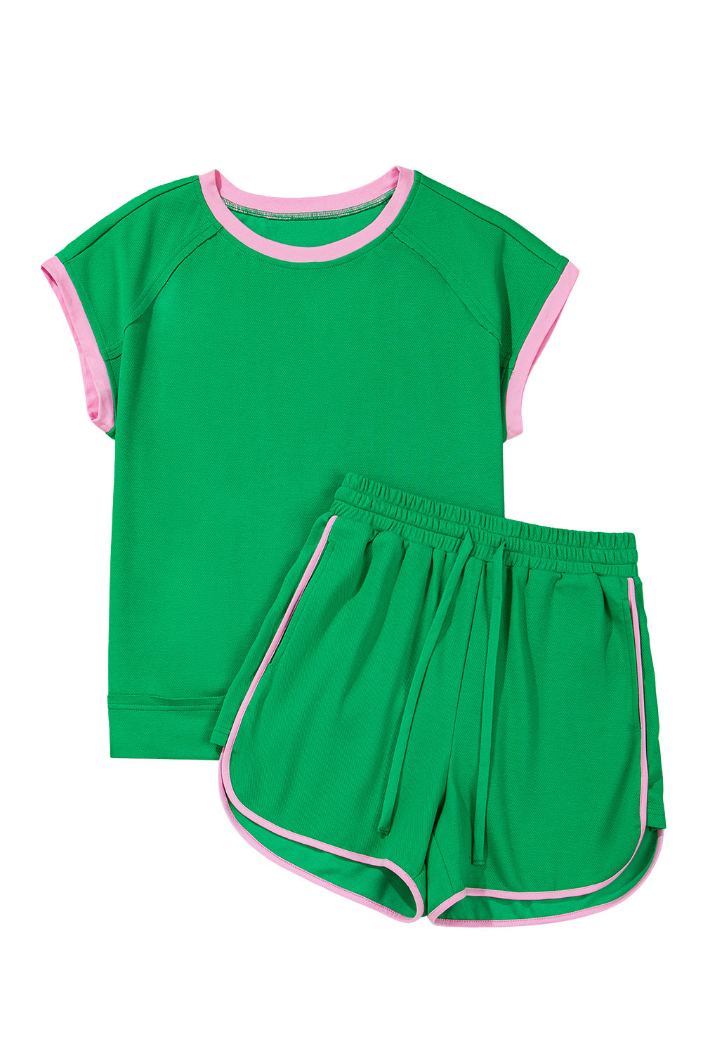 Bright Green Two Tone Contrast Trim Textured Tee and Shorts Set