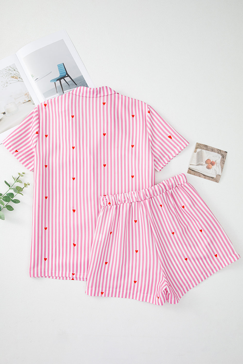 Pink Striped Heart Print Shirt and Shorts Pajama Set