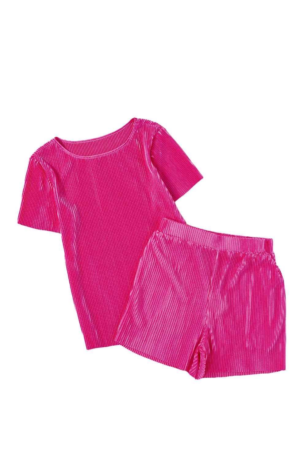 Bright Pink Ribbed Pleated Tee and Pocketed Shorts Set