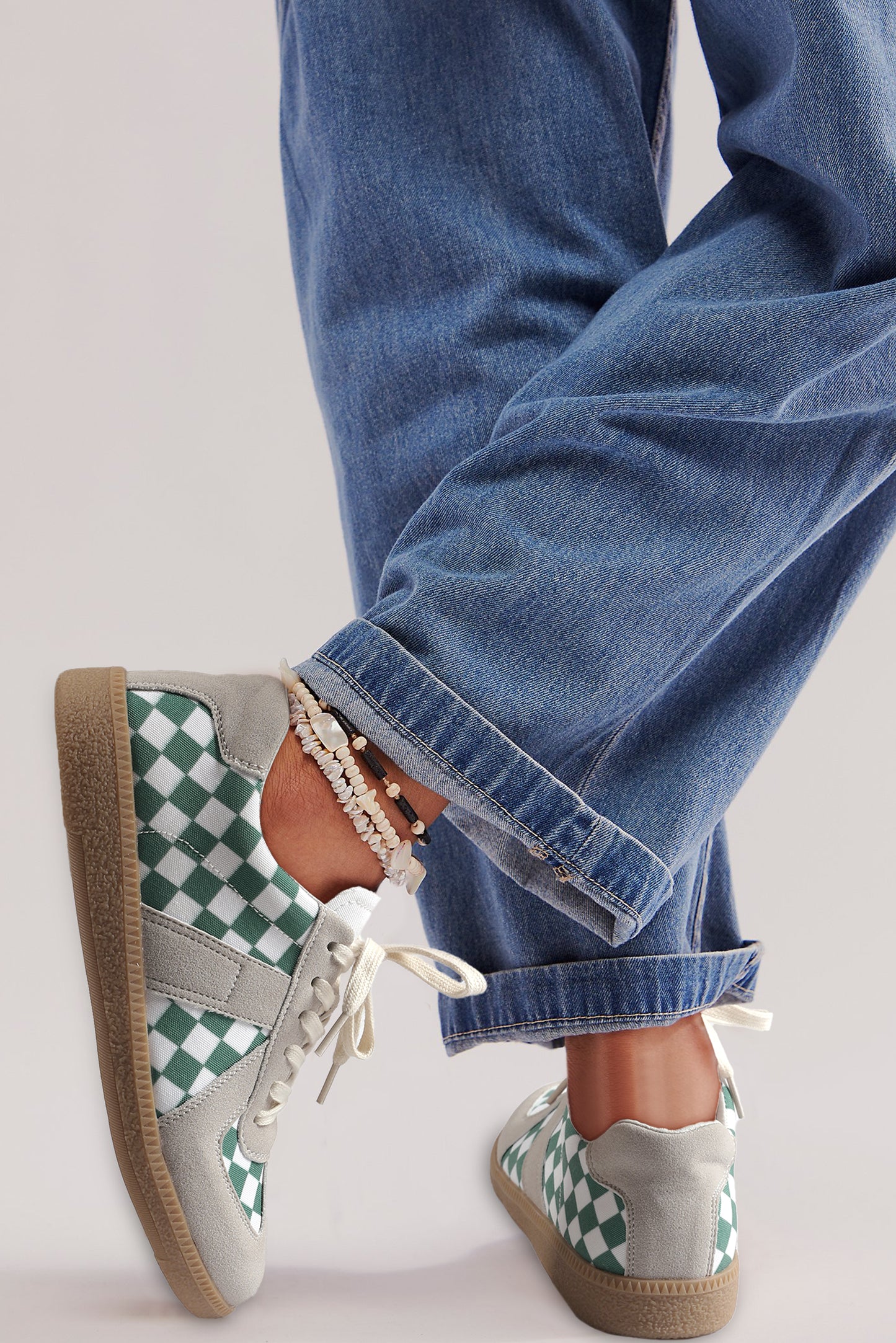 Sea Green Checkered PU Leather Lace-up Sneakers