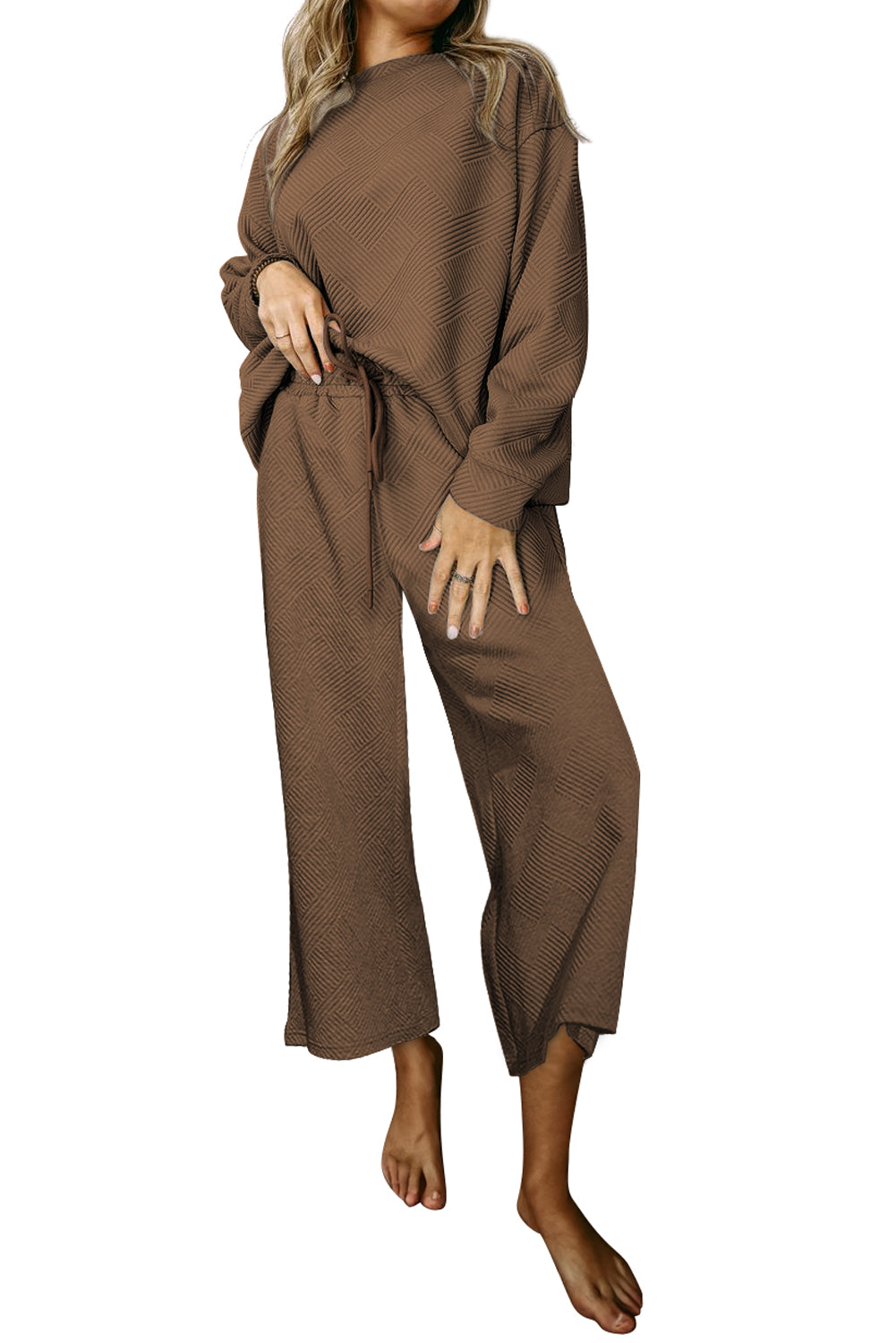 Grass Green Textured Loose Slouchy Long Sleeve Top and Pants Set