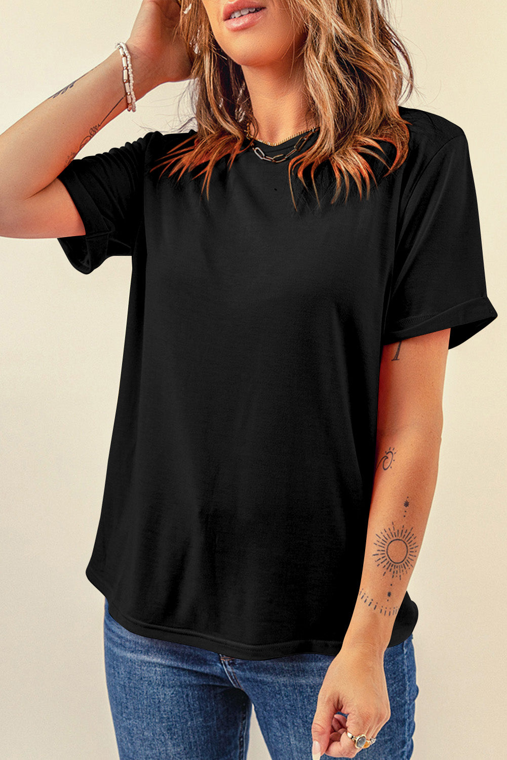 Black Solid Color Basic Crew Neck Plain Tee