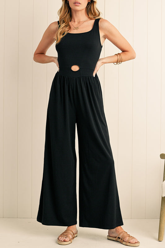 Black Solid Color Cutout Wide Leg Jumpsuit