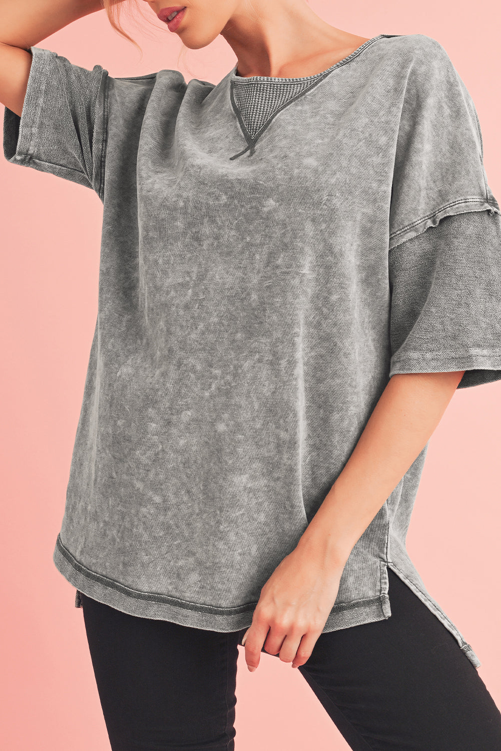 Strawberry Pink Mineral Wash Exposed Seam Drop Shoulder Oversized Tee