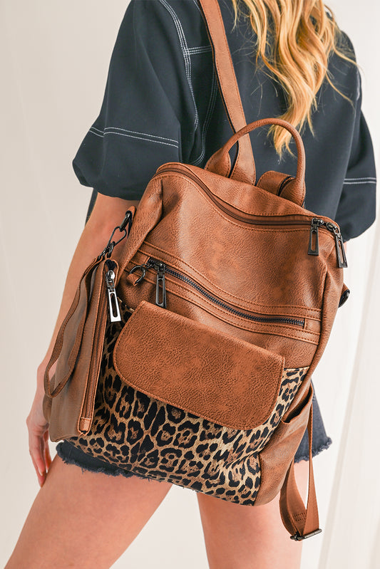 Coffee Leopard Patchwork PU Leather Functional Backpack