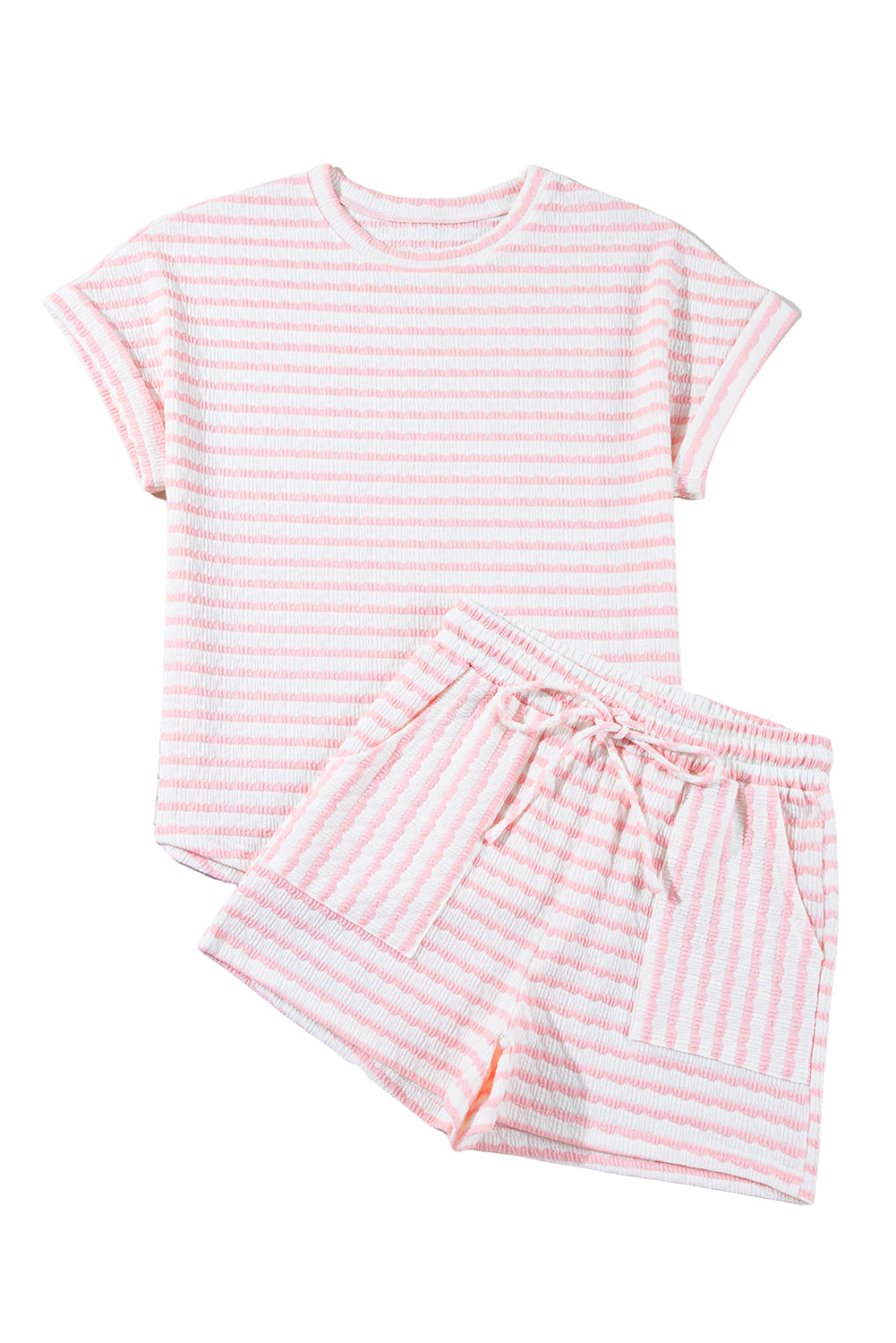 Pink Striped Print Short Sleeve Top and Pocket Shorts Set