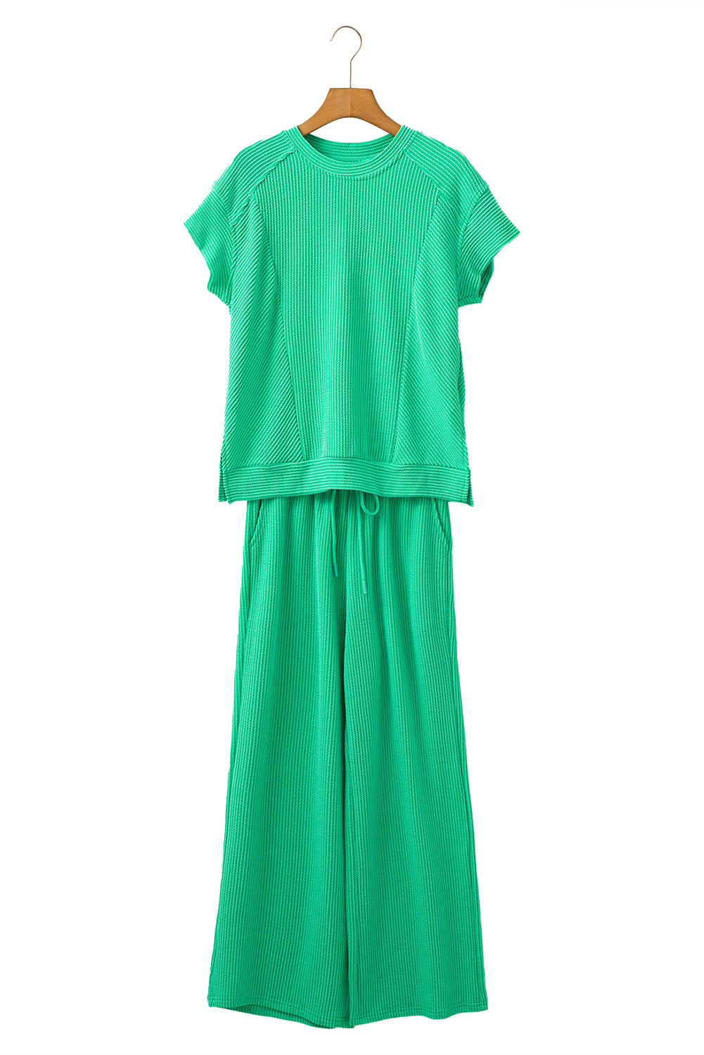 Wild Wind Solid Corded Short Sleeve T Shirt and Wide Leg Pants Set